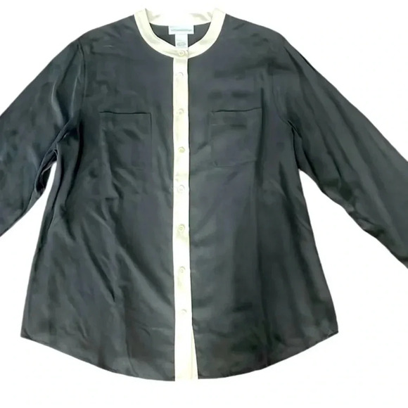 Soft Surroundings Silk button down shirt Black Tan Long Sleeved Womens size L - Picture 1 of 9